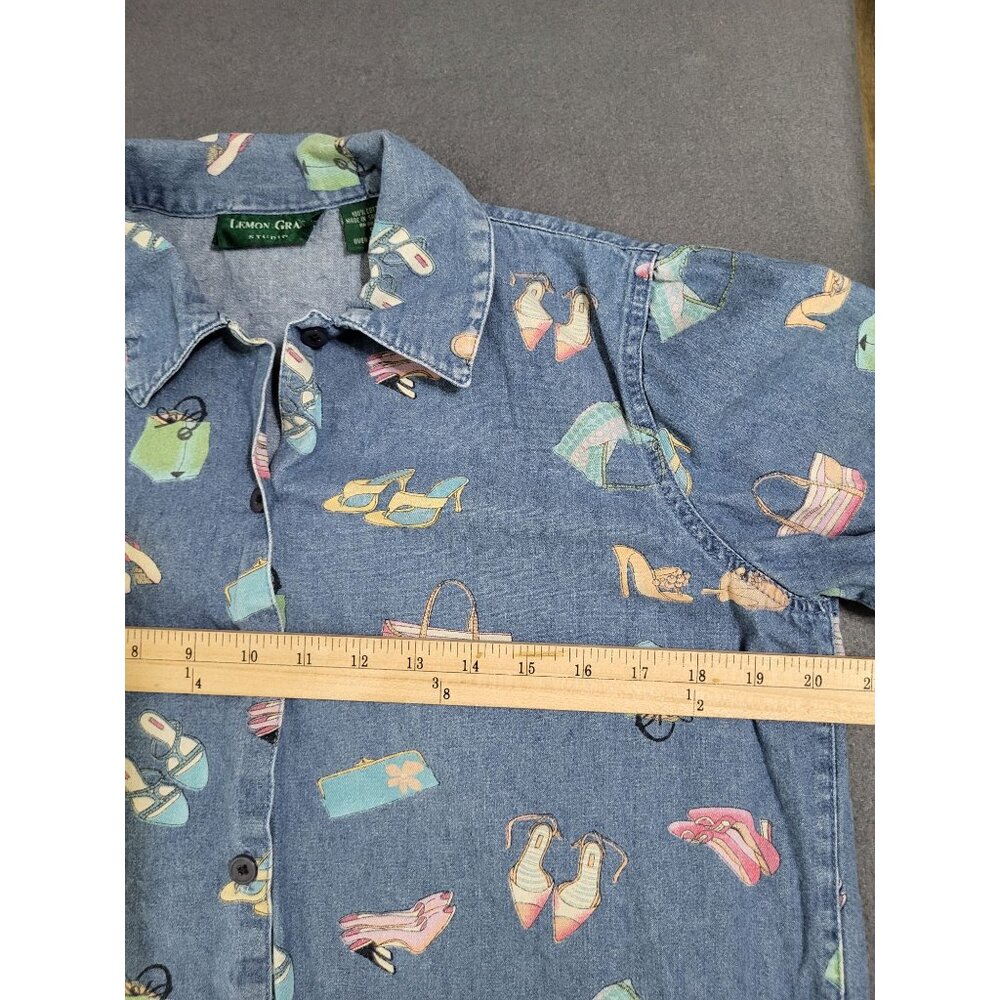 VTG LEMON GRASS Denim Shirt Women's Small Print Shoes Purses Novelty Granny - Picture 3 of 7